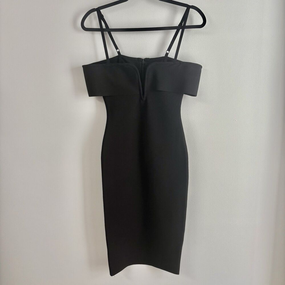 Dalia MacPhee Black Knee Length Bodycon Dress (Sz S) Off The Shoulder Deep V